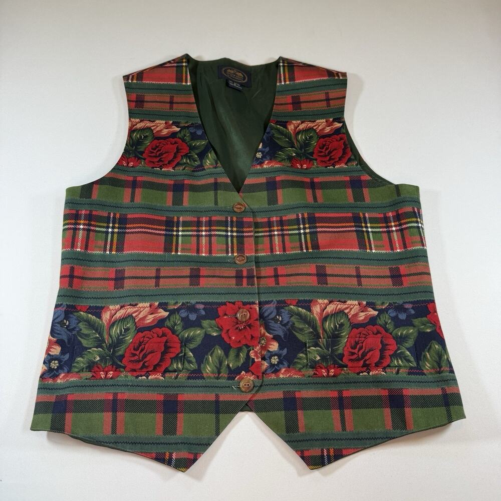 Vintage Christmas Holiday Poinsettia Plaid Button Vest - Red Wms M